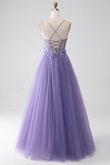 Purple A-Line Spaghetti Straps Corset Formal Dress with 3D Flowers